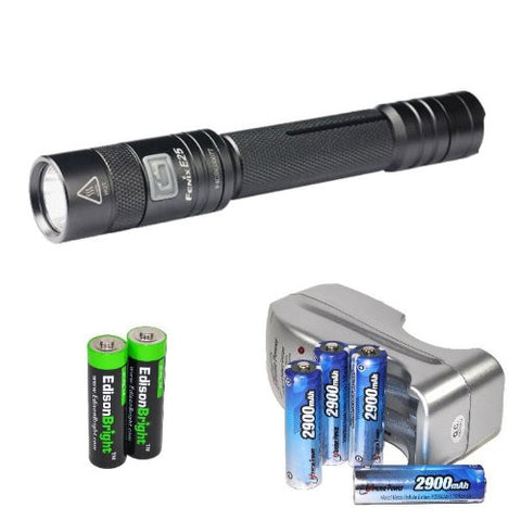 Fenix E25 187 Lumen LED Flashlight with four NiMH rechargeable AA Batteries, Charger & Two EdisonBright AA Alkaline batteries