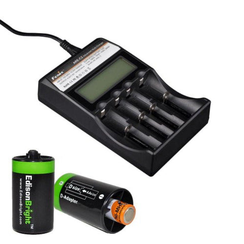 Fenix ARE-C2 four bays Li-ion/ Ni-MH advanced universal smart battery charger with Two Edisonbright AA->D battery spacer shells
