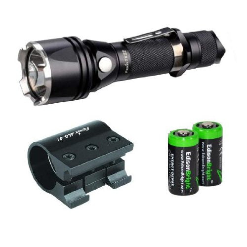 FENIX TK22 650 Lumen Tactical LED Flashlight, Fenix ALG-01 Picatinny / Weaver weapon rail mount, and Two EdisonBright CR123A Lithium Batteries bundle