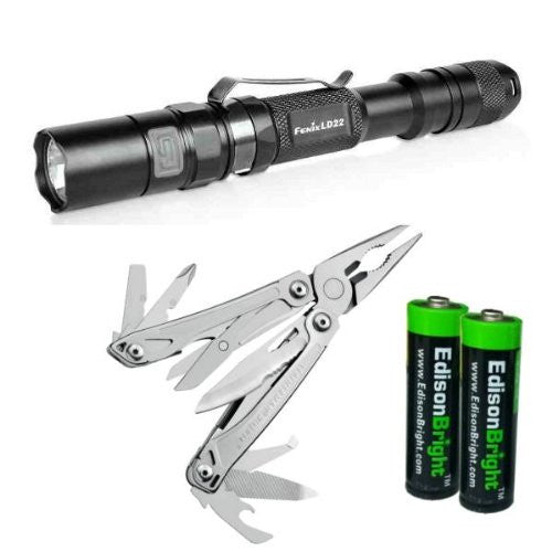 Fenix LD22 G2 215 Lumen Cree XP-G2 R5 LED tactical Flashlight with genuine Leatherman Wingman Multi-tool and Two EdisonBright AA Alkaline batteries