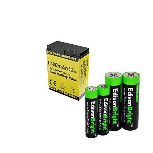 Nitecore NLGP3 1180mAh Li-ion battery for GoPro hero3 & hero3+ battery with EdisonBright AA/AAA alkaline battery sampler pack