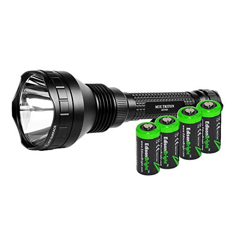 Olight M3X Triton 1200 Lumen CREE XM-L2 LED tactical flashlight with four EdisonBright CR123A Lithium Batteries bundle