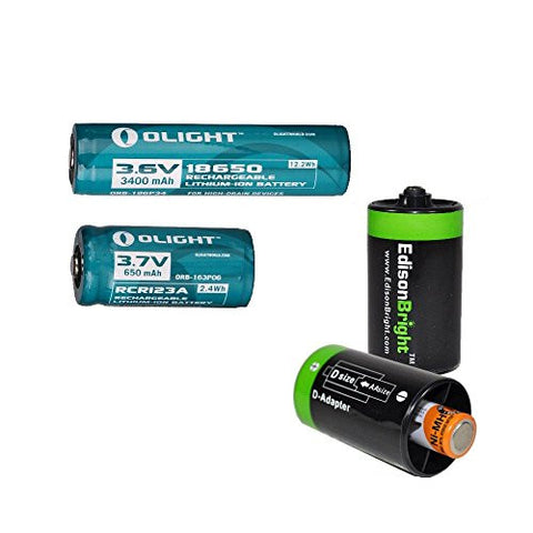 Olight 3400mAh Protected 18650 Rechargeable Li-ion Battery, Olight RCR123A (16340) rechargeable Li-ion battery with 2 x EdisonBright AA to D type battery spacer/converters