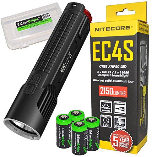 NITECORE EC4S 2150 Lumen high intensity CREE LED tactical die-cast flashlight with 4X EdisonBright CR123A Lithium Batteries and BBX3 carry case