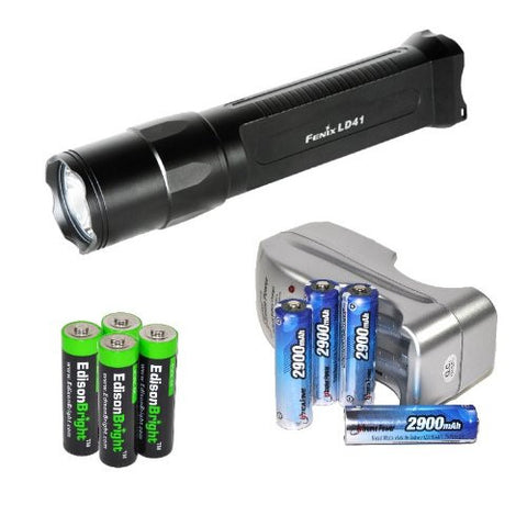 Fenix LD41 U2 520 Lumen LED Tactical Flashlight with Four 2900mAh rechargeable AA batteries, Charger & Four EdisonBright AA Alkaline batteries