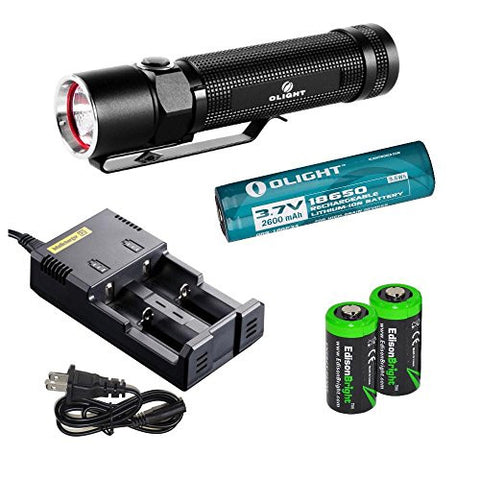 Olight S20 L2 Baton XM-L2 550 Lumens LED Flashlight, Olight 18650 Li-ion rechargeable battery, Nitecore i2 smart charger with two EdisonBright CR123A Lithium Batteries
