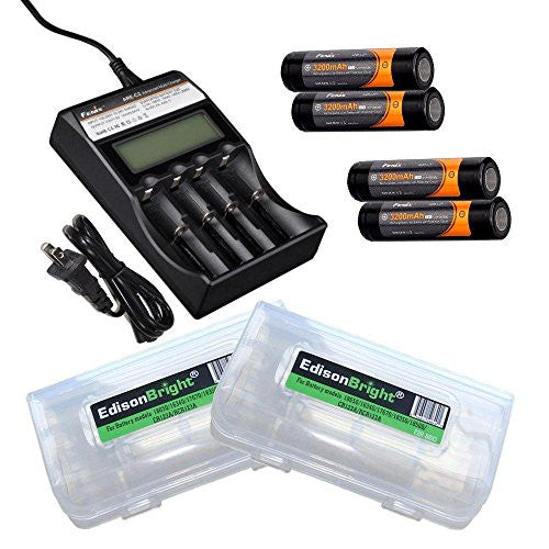 Fenix ARE-C2 four bays Li-ion/ Ni-MH advanced universal smart battery charger, Four Fenix 18650 ARB-L2P 3200mAh rechargeable batteries (For PD35 PD32 TK22 TK75 TK11 TK15 TK35 TK51) with 2 X EdisonBright battery carry boxes