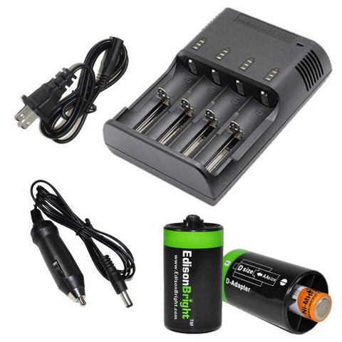 JETBeam i4 PRO Intelligent Charger enhanced V3 - 3rd Generation (Black) For 18650 RCR123 AA 18500 14500 18350 16340 18700 with Ac and 12V DC (Car) power cords, 2 X EdisonBright AA to D type battery spacer/converters