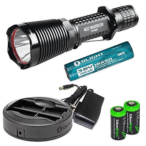 Olight M22 Warrior 950 Lumen CREE XM-L2 LED tactical flashlight, Free diffuser, Olight Omni-DOK Universal Battery Charger, Olight 18650 3400mAh Li-ion rechargeable battery and Two EdisonBright CR123A Lithium Batteries bundle