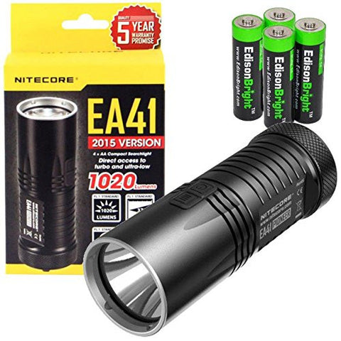Nitecore EA41 1020 Lumen CREE XM-L2 U2 LED compact flashlight/searchlight with holster and 4 X EdisonBright AA Alkaline batteries