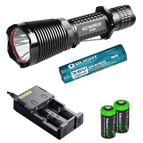Olight M22 Warrior 950 Lumen CREE XM-L2 LED tactical flashlight, Free diffuser, Nitecore i2 home/car intelligent Charger, Olight 18650 3400mAh Li-ion rechargeable battery and Two EdisonBright CR123A Lithium Batteries bundle
