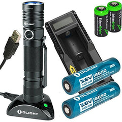 Olight S30R II rechargeable 1020 Lumen cree XM-L2 U3 LED Flashlight with two type 18650 3200mAh Li-ion batteries, charging base, Nitecore UM10 usb charger with two EdisonBright CR123A Lithium back-up batteries bundle