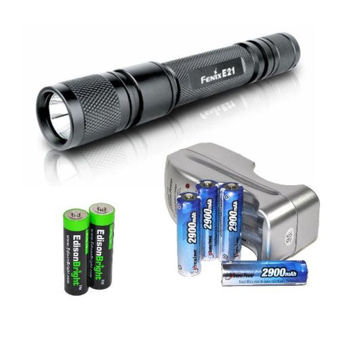 Fenix E21 V2 170 Lumen LED Flashlight with four NiMH rechargeable AA Batteries, Charger & Two EdisonBright AA Alkaline batteries.