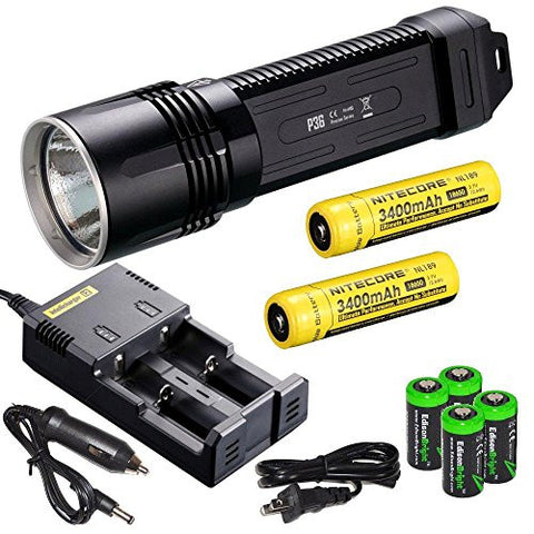 NITECORE P36 2000 Lumen neutral white CREE MT-G2 LED tactical flashlight 2 X Genuine Nitecore NL189 18650 3400mAh Li-ion rechargeable batteries, Nitecore i2 intelligent Charger, in-Car Charging Cable and four EdisonBright CR123A Lithium Batteries