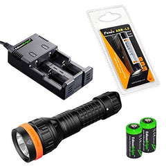 Fenix SD10 930 Lumen CREE XM-L2 T6 waterproof LED Diving light lamp with Genuine Fenix ARB-L2 18650 2600mAh Li-ion rechargeable battery, EdisonBright 2 slot smart battery Charger and 2X EdisonBright CR123A Lithium batteries package