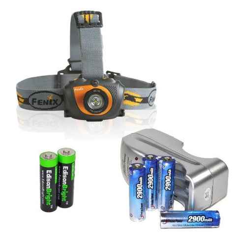 Fenix HL30 200 Lumen LED Headlamp with Four 2900mAh rechargeable Ni-MH AA batteries, Charger & Two EdisonBright AA Alkaline batteries