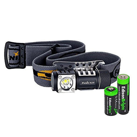 Fenix HL50 365 Lumen light weight LED Headlamp with AA extension tube, EdisonBright CR123A Lithium battery and EdisonBright AA alkaline battery