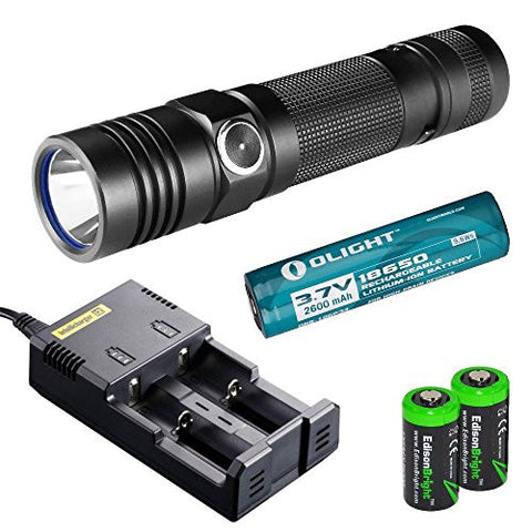 Olight S30 Baton 1000 Lumens CREE LED Flashlight, Olight 18650 Li-ion rechargeable battery, Nitecore i2 smart charger with two EdisonBright CR123A Lithium Batteries