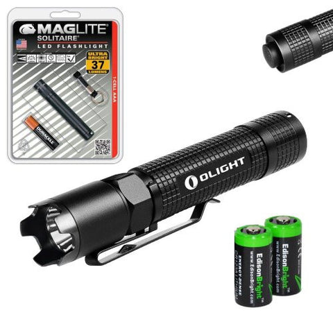 Olight M18 Striker Cree XM-L2 800 Lumens tactical LED Flashlight and Maglite Solitaire AAA LED keychain flashlight with two EdisonBright CR123A Lithium Batteries