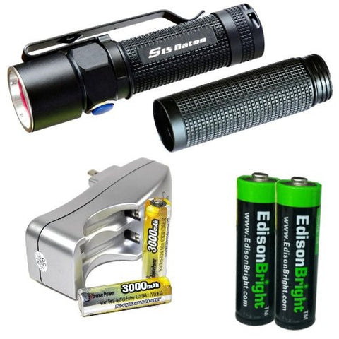 Olight S15 Baton XM-L2 280 Lumens LED single AA Flashlight EDC with free extender tube and two NiMH rechargeable AA Batteries, Charger & Two EdisonBright AA Alkaline batteries