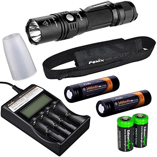 Fenix PD35 TAC 1000 Lumen 2015 edition CREE XP-L LED Tactical Flashlight, Fenix ARE-C2 four bays Li-ion/ Ni-MH advanced universal smart battery charger, Two Fenix 18650 ARB-L2S 3400mAh rechargeable batteries with Two EdisonBright CR123A Lithium Batte