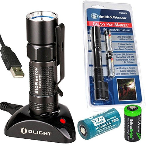 Olight S10R Baton rechargeable 400 Lumens CREE XM-L2 LED pocket Flashlight EDC with Smith & Wesson PathMarker LED Flashlight, RCR123 Li-ion battery, Charging Base and EdisonBright CR123A Lithium back-up Battery bundle