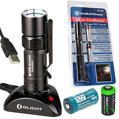 Olight S10R Baton rechargeable 400 Lumens CREE XM-L2 LED pocket Flashlight EDC with Smith & Wesson PathMarker LED Flashlight, RCR123 Li-ion battery, Charging Base and EdisonBright CR123A Lithium back-up Battery bundle