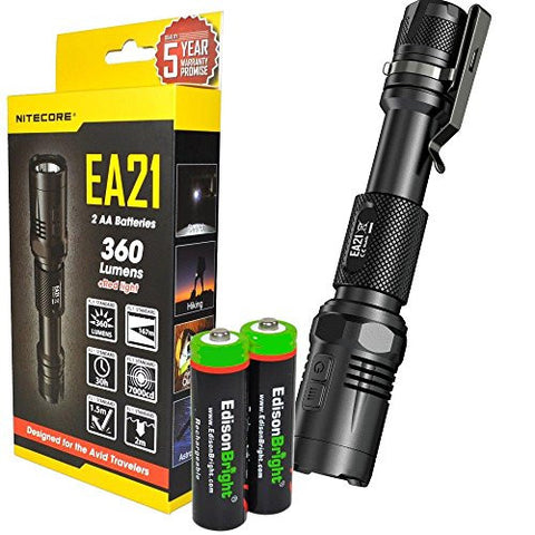 Nitecore EA21 360 Lumen CREE XP-G2 LED compact AA flashlight with holster, clip, lanyard and 4 X EdisonBright AA Ni-Mh batteries