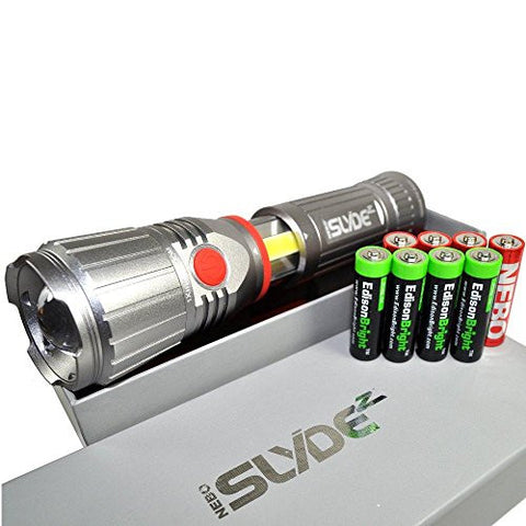 Nebo 6267 Slyde Z 4750 LUX LED flashlight / 250 Lumen LED Worklight with 4 X EdisonBright AA alkaline batteries & 4 Nebo AA batteries. Dual light sources. Magnetic Base