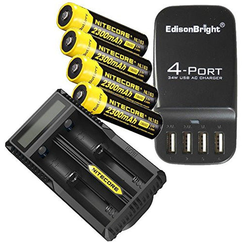 4 Pack NITECORE NL183 Protected 18650 Rechargeable Li-ion Batteries, Nitecore UM20 battery charger and EdisonBright EB-4U 4-port USB charging station bundle