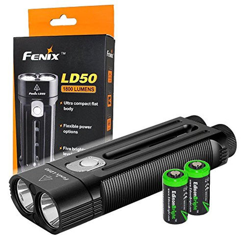 FENIX LD50 1800 Lumen Dual CREE XM-L2 LED slim Flashlight with 2 X EdisonBright CR123A Lithium batteries