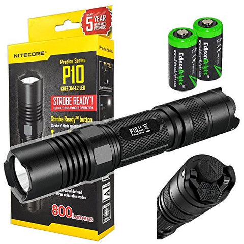 NITECORE P10 800 Lumen high intensity CREE XM-L2 LED specialized tactical duty Strobe Ready compact flashlight with 2X EdisonBright CR123A Lithium Batteries