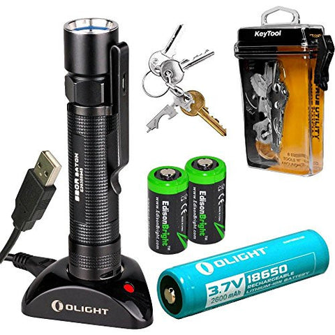 Olight S20R Baton rechargeable XM-L2 550 Lumens LED Flashlight with True Utility TU247 KeyTool, type 18650 Li-ion battery, charging base with two EdisonBright CR123A Lithium back-up batteries bundle