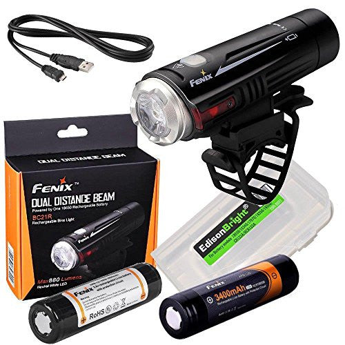 Long duration bundle: Fenix BC21R 880 lumen Dual Distance Beam Cree XM-L2 T6 LED USB rechargeable Bike Bicycle Light, 2 X rechegeable 18650 batteries with EdisonBright BBX3 battery carry case