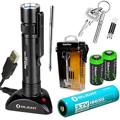Olight S20R Baton rechargeable XM-L2 550 Lumens LED Flashlight with True Utility TU246 Tele-Pen bundle, type 18650 Li-ion battery, charging base with two EdisonBright CR123A Lithium back-up batteries