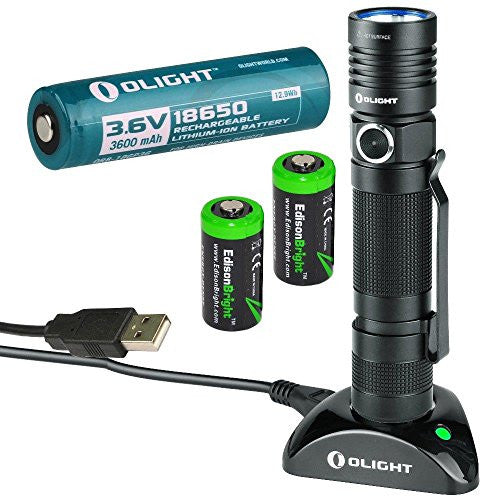 Olight S30R II Baton rechargeable XM-L2 U3 1020 Lumen LED Flashlight with type 18650 3600mAh Li-ion battery, charging base with two EdisonBright CR123A Lithium back-up batteries bundle