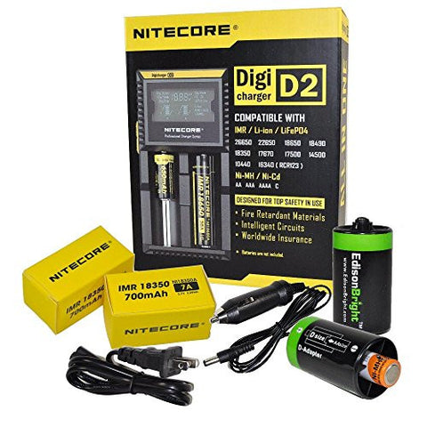 Nitecore D2 Digital universal home/in-car battery charger, Two Nitecore IMR 18350 NI18350A 700mAH rechargeable batteries with 2 X EdisonBright AA to D type battery spacer/converters