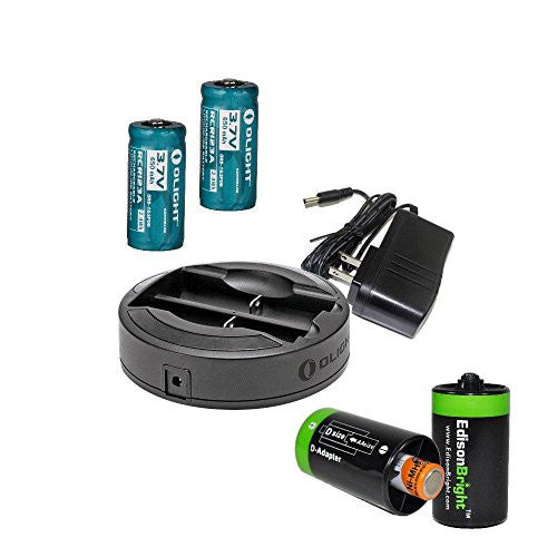 Olight Omni-Dok Universal Battery Charger For 18650 RCR123 AA AAA 16340 17670 14500 with AC adapter, Two Olight RCR123A rechargeable Li-ion batteries with Two Edisonbright AA->D battery spacer shells