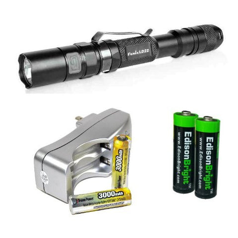 Fenix LD22 G2 215 Lumen XP-G2 R5 LED tactical Flashlight with two NiMH rechargeable AA Batteries, Charger & Two EdisonBright AA Alkaline batteries