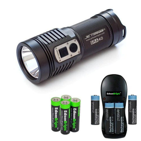 JETBeam SRA40 960 Lumen CREE XM-L LED compact flashlight/searchlight with Four rechargeable AA batteries, Charger & Four EdisonBright AA Alkaline batteries
