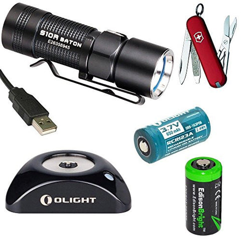 Olight S10R Baton rechargeable 400 Lumens CREE XM-L2 LED keychain Flashlight EDC with Victorinox Swiss Army Classic Knife, RCR123 Li-ion battery, Charging Base and EdisonBright CR123A Lithium back-up battery