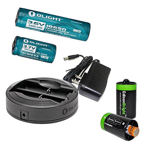 Olight Omni-Dok Universal Battery Charger, Olight 3400mAh Protected 18650 Rechargeable Li-ion Battery, Olight RCR123A rechargeable Li-ion battery with 2 X EdisonBright AA to D type battery spacer/converters