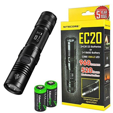 Nitecore EC20 960 Lumen CREE XM-L2 T6 LED Flashlight with Two EdisonBright CR123A Lithium Batteries