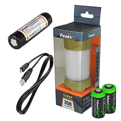 Fenix CL25R 350 lumen USB rechargeable magnetic base camping lantern / work light (Olive green body) , 18650 rechargeable battery with Two back-up use EdisonBright CR123A Lithium Batteries