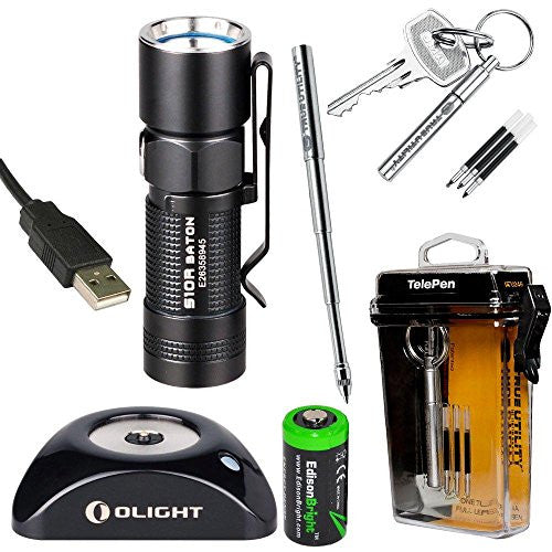 Olight S10R Baton rechargeable 400 Lumens CREE XM-L2 LED pocket Flashlight EDC with True Utility TU246 Tele-Pen, RCR123 Li-ion battery, Charging Base and EdisonBright CR123A Lithium back-up Battery