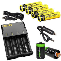 Nitecore Sysmax Intellicharge i4 Four Bays universal home/car battery charger, Four Nitecore 18650 NL186 2600mAh rechargeable batteries with 2 X EdisonBright AA to D type battery spacer/converters bundle