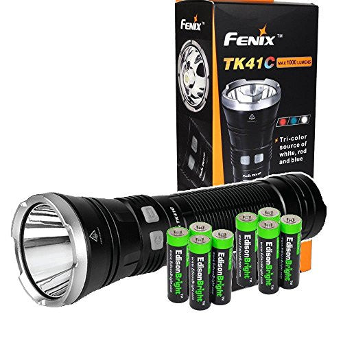 Fenix TK41C L2 1000 Lumen tri-color LED Flashlight (white/red/blue) with Eight EdisonBright AA Alkaline Batteries