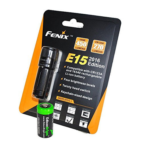 Fenix E15 2016 version 450 Lumen CREE XP-G2 R5 LED EDC Flashlight EdisonBright CR123A Lithium Battery bundle