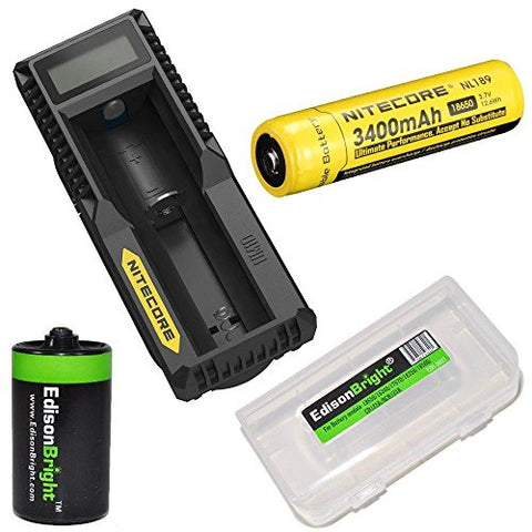 Nitecore UM10 USB powered battery charging system, Nitecore NL189 3400mAh 18650 li-ion battery with EdisonBright Battery Box and EdisonBright AA>D Battery converter/spacer