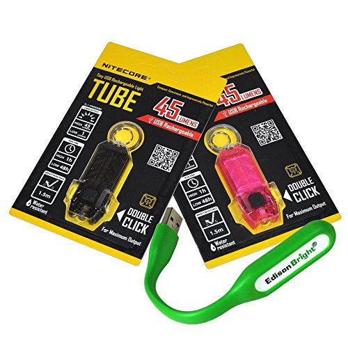 Nitecore TUBE black/pink pair of 45 lumen USB rechargeable keychain lights with EdisonBright flexible USB reading light bundle